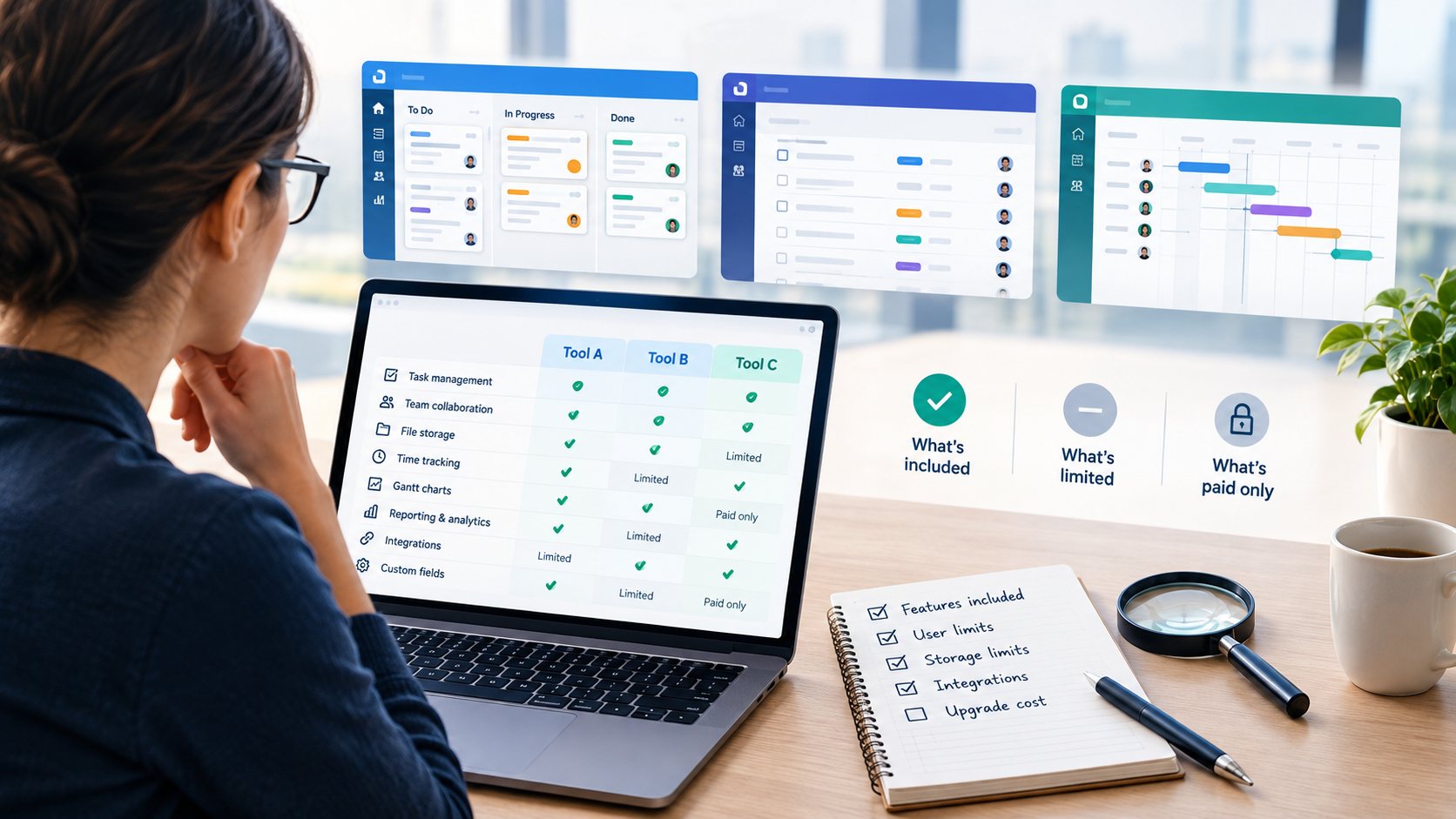 A person comparing the free plans of three project management tools on a laptop, with each feature marked as included, limited, or paid only, and a checklist of features, user limits, storage limits, integrations, and upgrade cost