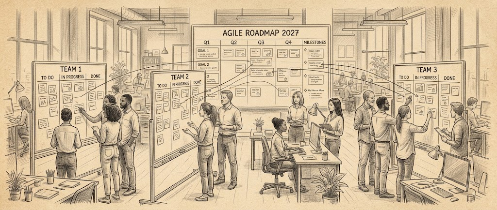 Illustration of an open office where three agile teams work at their own Kanban boards, with lines connecting their cards to a shared quarterly roadmap on the central wall
