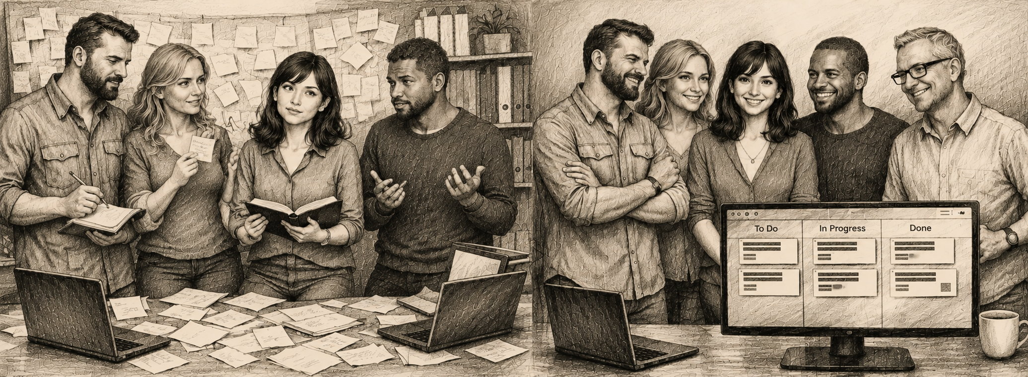 Illustration contrasting a small team overwhelmed by scattered sticky notes on the left with the same team calmly working from a shared Kanban board on the right